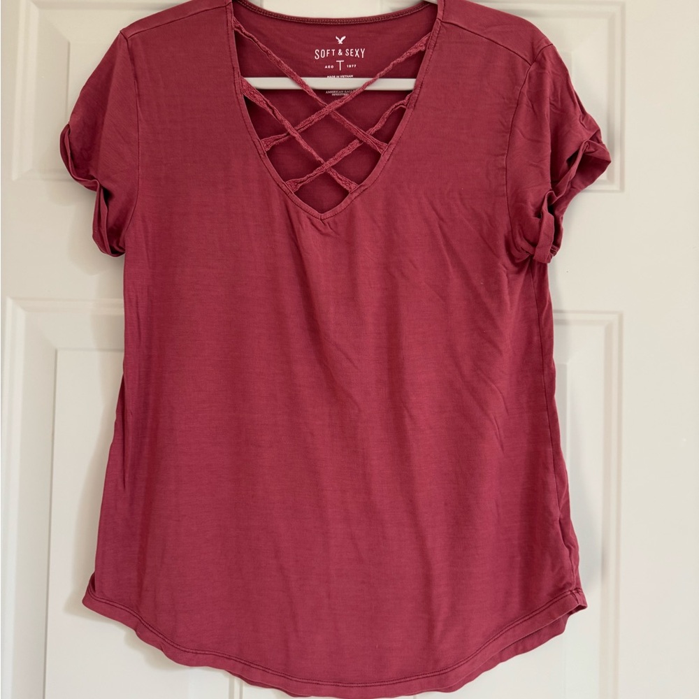 American Eagle Outfitters Soft & Sexy Crisscross Tee - Dark Pink